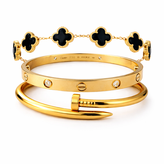 18K Gold Plated Bracelet Set for Women | Clover Charm Chain, Screw Bangle & Nail Bracelet