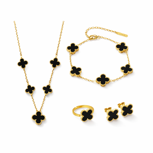 Gold Clover Jewellery Set for Women – Necklace, Bracelet, Ring & Earrings Set – Black Clover Luxury Gift Set