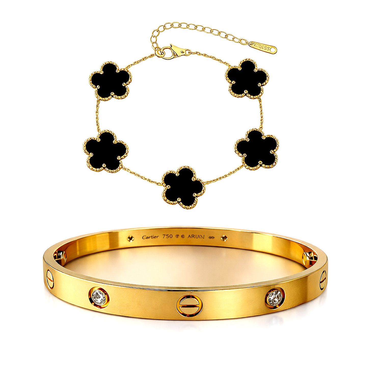 Kaaf Luxury Bracelet Combo | Clover Chain & Crystal Cuff – Eid Special Gift for Her