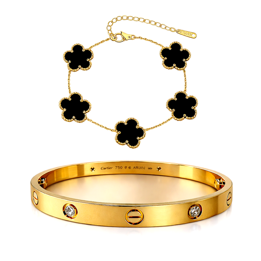 Kaaf Luxury Bracelet Combo | Clover Chain & Crystal Cuff – Eid Special Gift for Her